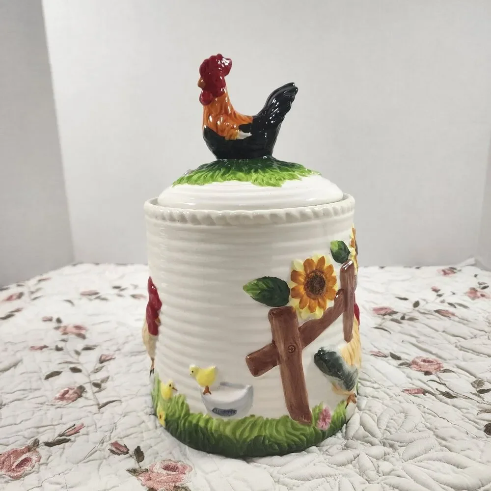 Vintage Ceramic Rooster Sunflower Canister Cookie Jar 3D Farmhouse Ribbed